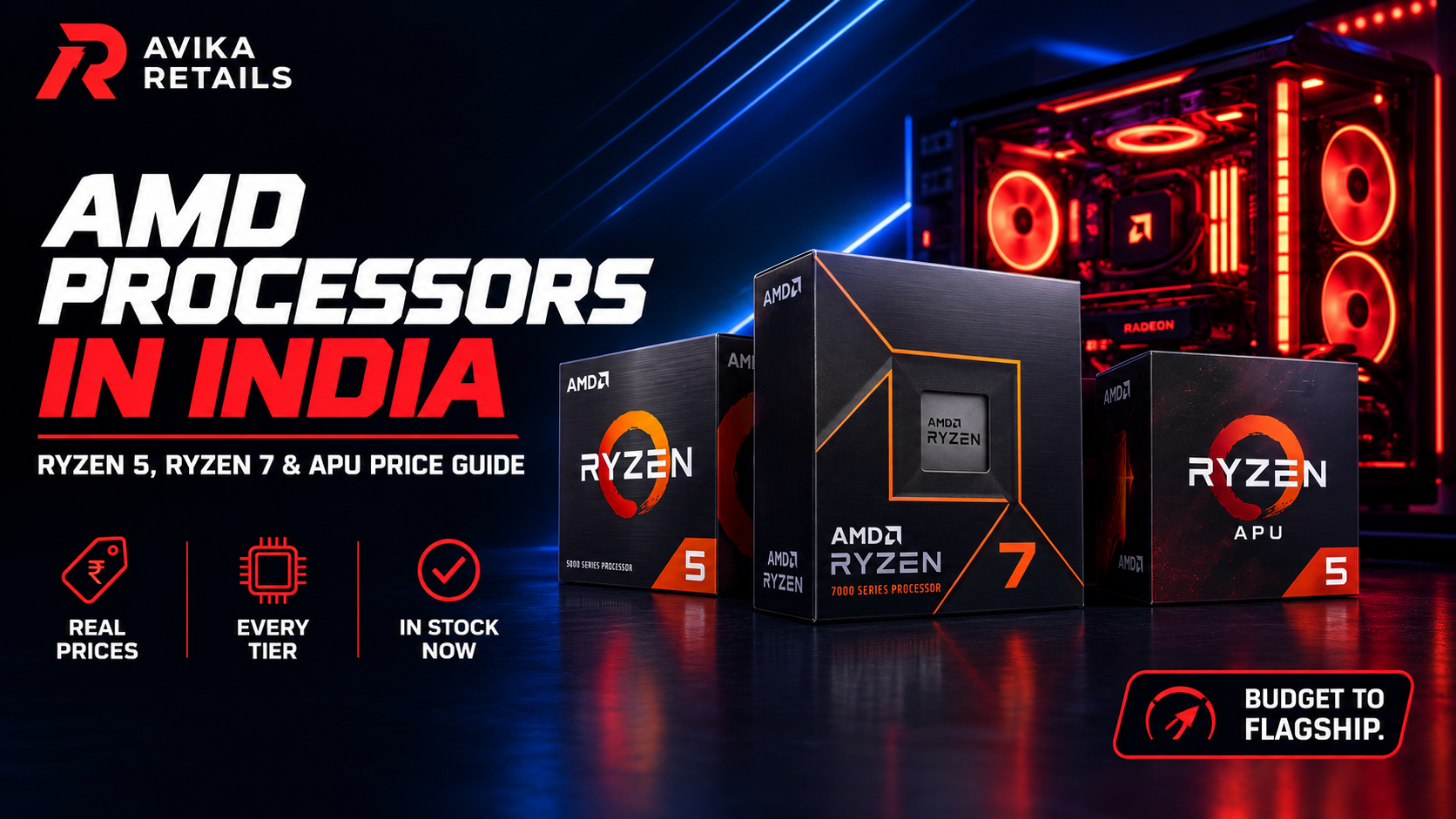 AMD processors in India price guide banner - Ryzen 5, Ryzen 7 and APU